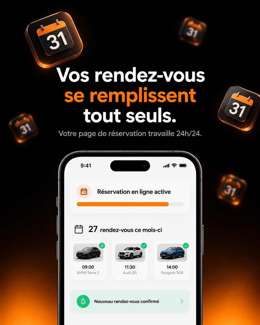 Services & réservation : mockup téléphone & annonce pour garage.onde